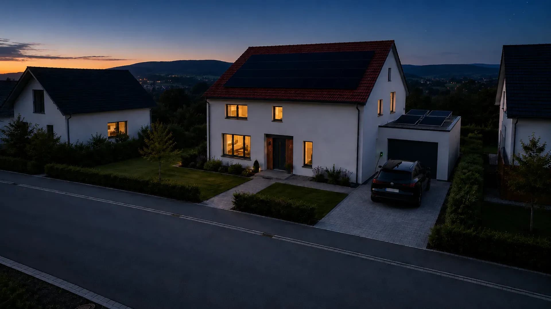 Wohnhaus mit Photovoltaikanlage in der blauen Stunde, warm erleuchtete Fenster