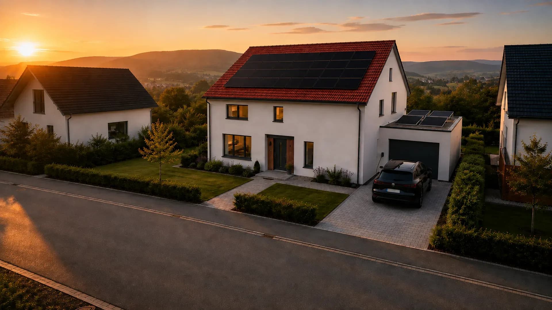 Elektroauto an der Wallbox neben der Garage eines Wohnhauses mit Photovoltaikanlage im Abendlicht