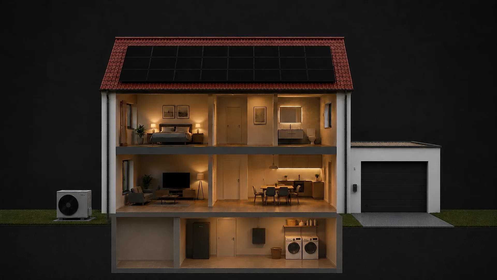 Schnittansicht eines Wohnhauses: Photovoltaik auf dem Satteldach, Technikraum im Keller, angebaute Garage mit Ladepunkt