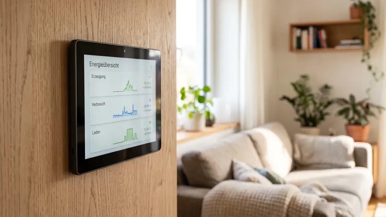 Wandpanel mit Energieübersicht eines Smart-Home-Systems im Wohnraum