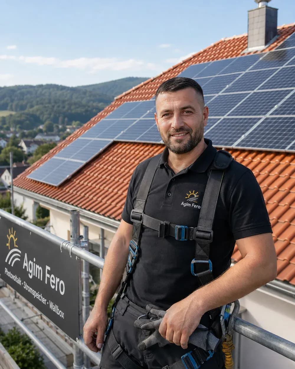 Agim Fero, Monteur bei Solartechnik Odenwald, vor einem Dach mit fertig belegter Photovoltaik-Anlage