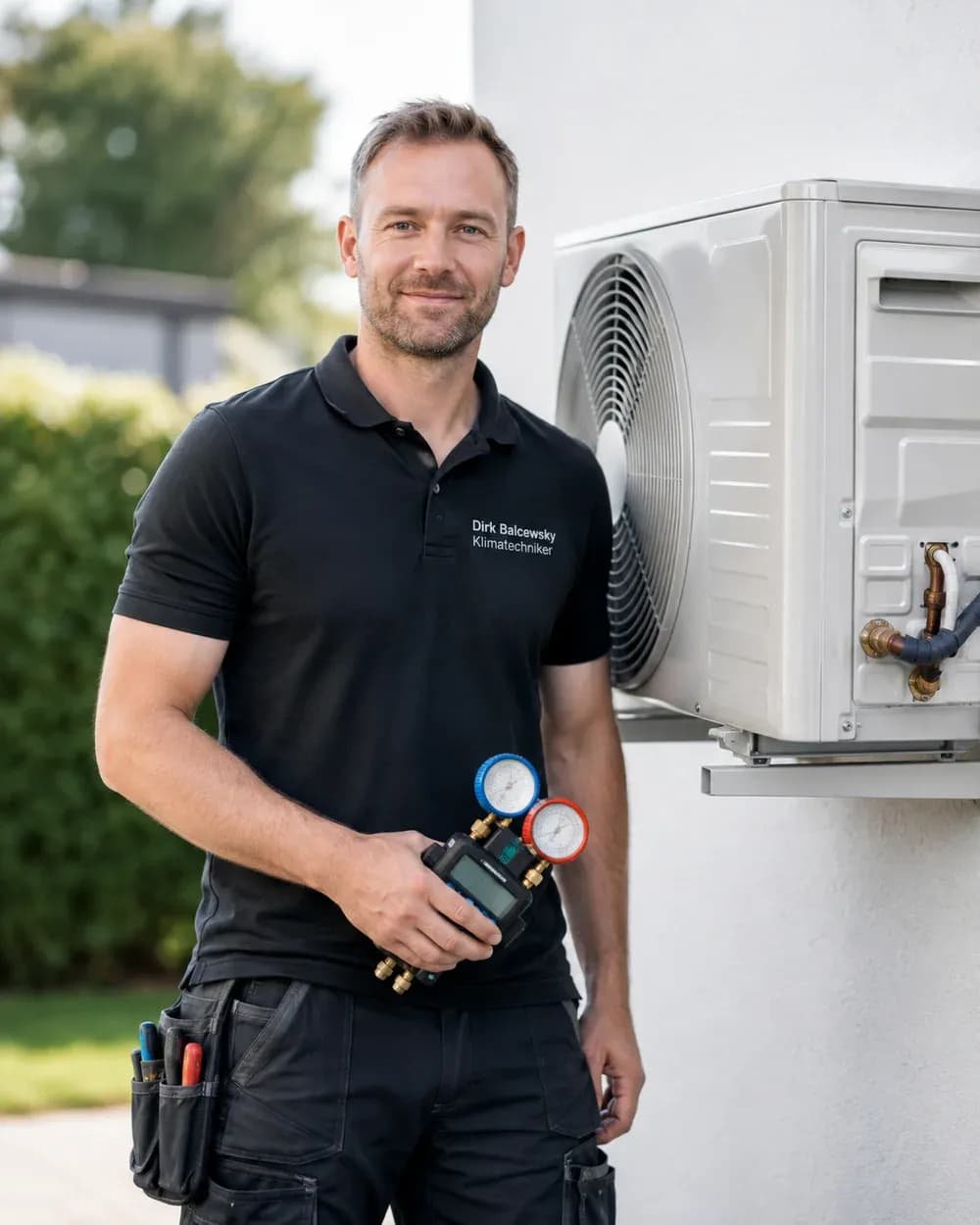 Dirk Balcewsky, Klimatechniker bei Solartechnik Odenwald, an einer Wärmepumpen-Außeneinheit