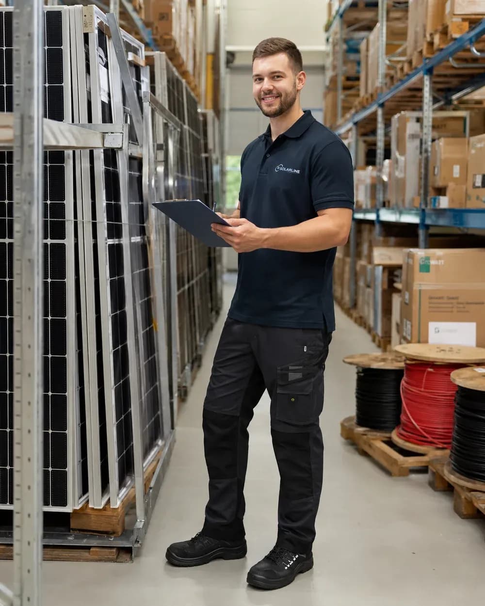 Fabian Mustermann, Lagerist bei Solartechnik Odenwald, im Lager neben eingelagerten Solarmodulen
