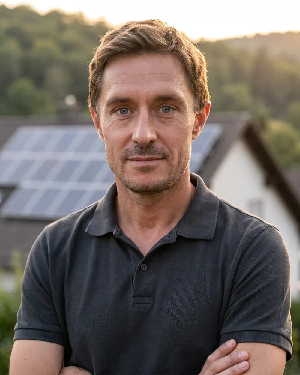 Gordon Ritter, Mitinhaber und Elektromeister bei Solartechnik Odenwald, vor einem Dach mit Photovoltaik-Modulen