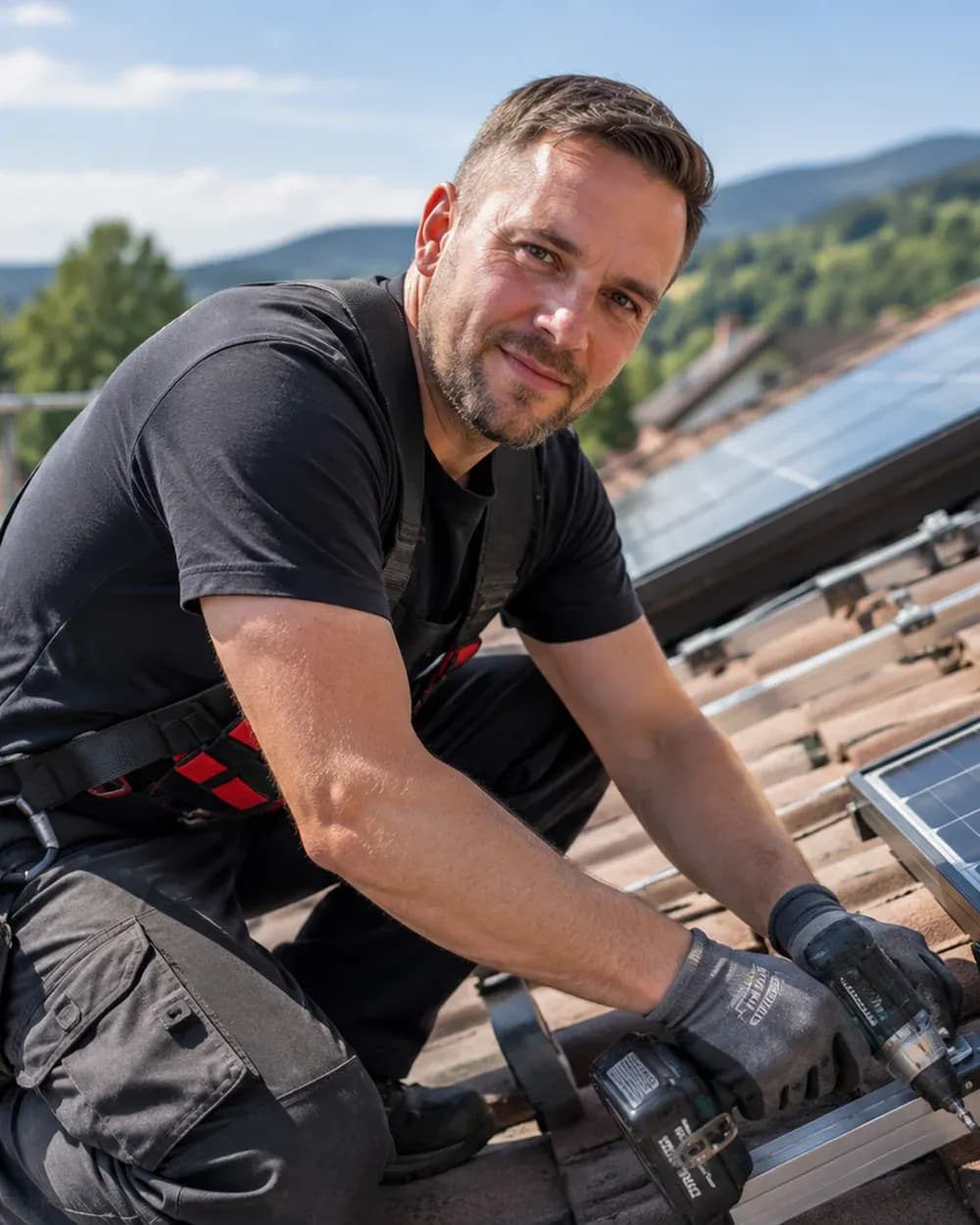 Marco Helfrich, Monteur bei Solartechnik Odenwald, beim Verschrauben einer Modulschiene auf einem Ziegeldach