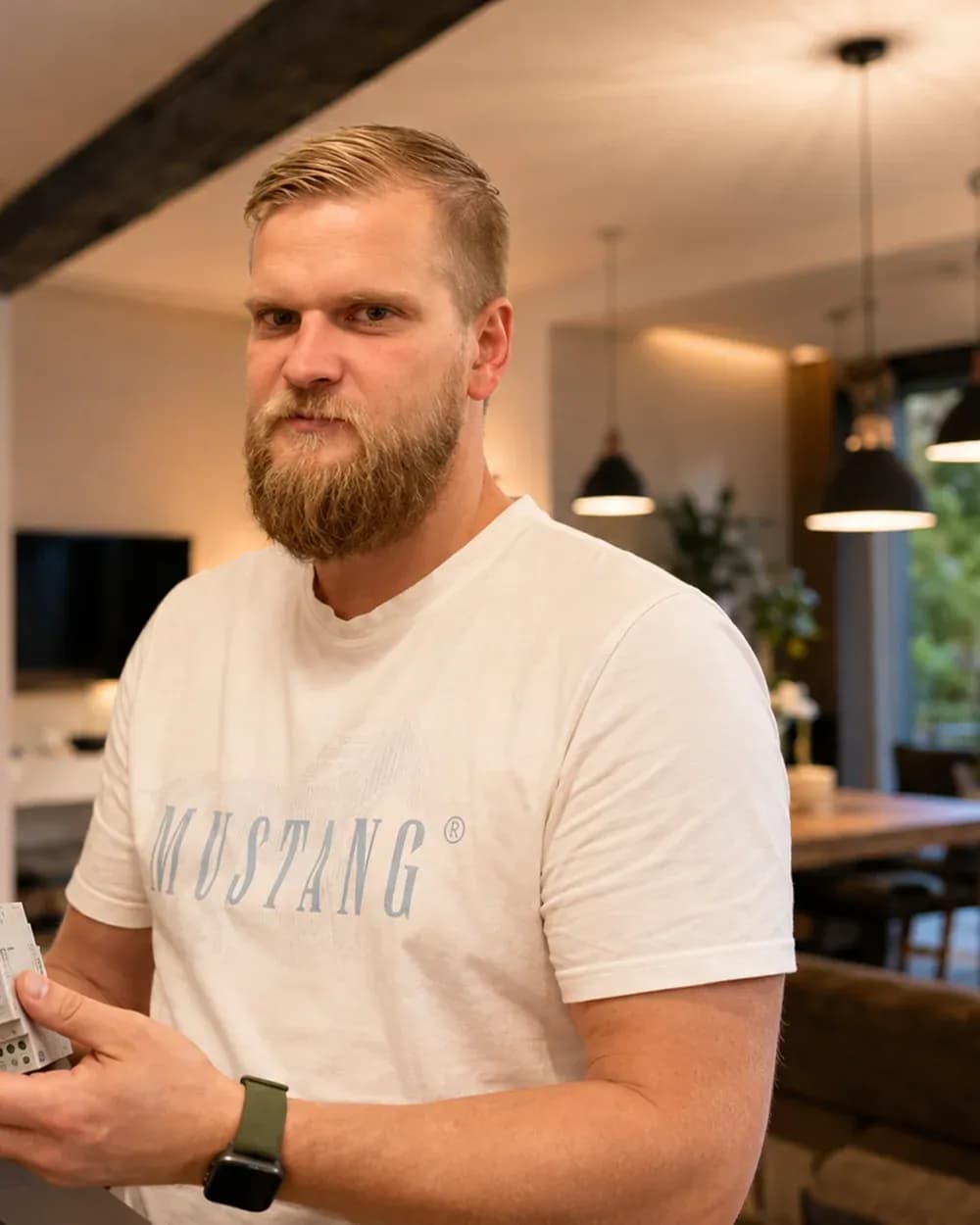 Willi Maier, Elektriker bei Solartechnik Odenwald, mit einem Bedienteil in einem Wohnraum